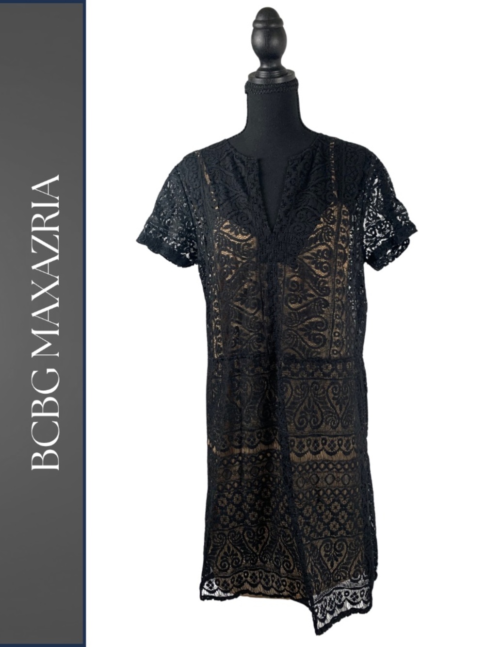 BCBG MAZAZRIA Black Lace Overlay Nude Slip Dress Women M V-Neck Boho Cottagecore
